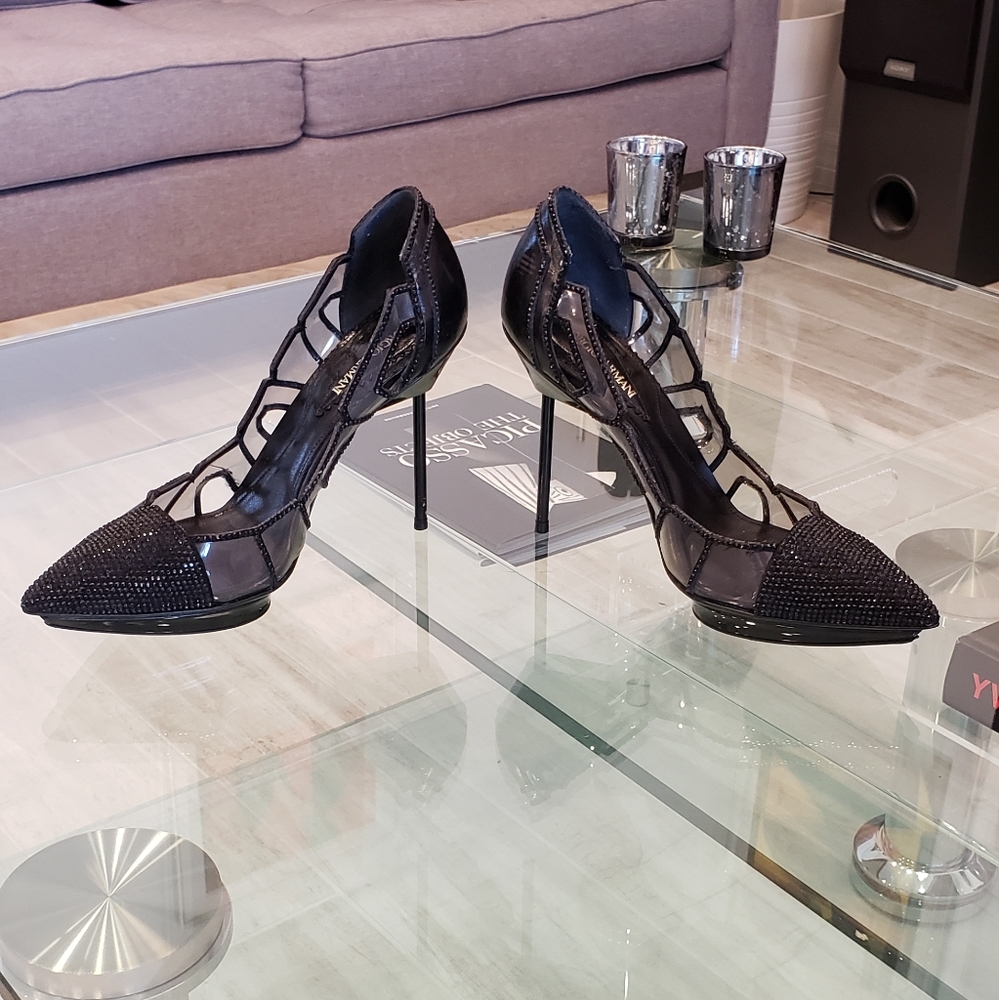 Flash Sale-Emporio Armani black rinchstone platform metal heel pumps